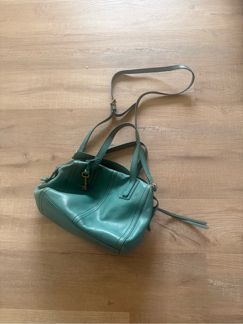 Fossil Teal Leather Satchel Handbag with Crossbody Strap